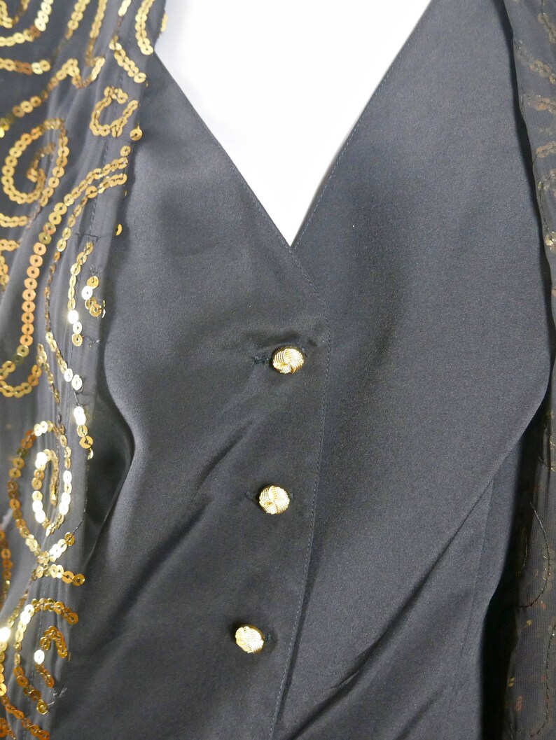 Black Gold Sequin 1980s Cocktail Blouse Formal Party Wear Blazer Top: Size 12 US Size 16 UK European Vintage Elegant Evening Top