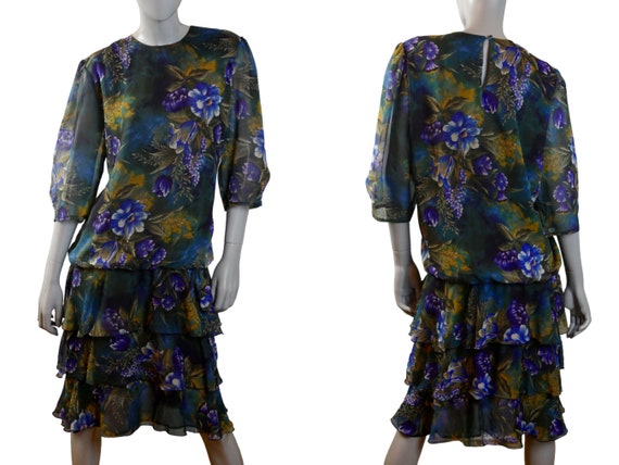 80s Floral Dress, Elegant British Vintage Layered… - image 2