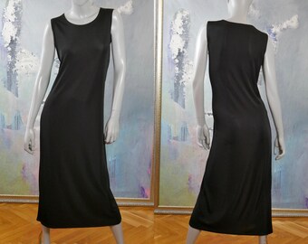 1990s Sleeveless Black Midi Dress, European Vintage Lightweight Summer Dress, Made in Finland: Size 8 US, Size 12 UK