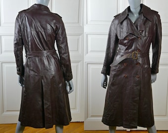 Vintage Leather Trench Coat, 1980s European Double-Breasted Belted Brown Leather Overcoat, Made in Finland: Size 10 US, 14 UK