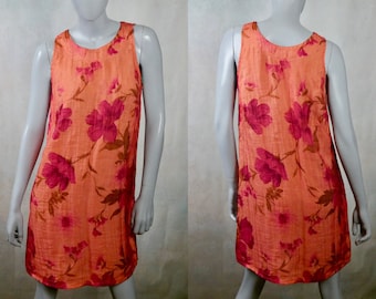 90s Vintage Sheath Dress, Peach Orange and Red Floral Sleeveless Summer Dress