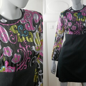 1970s Swedish Vintage Dress, Black Above-the-Knee Mod Dress w Pop Art Matalasse Floral Pattern on Top & Sheer Sleeves: Size 10 US, 14 UK