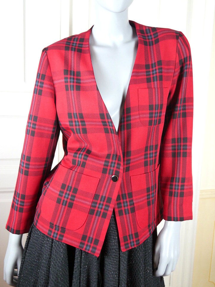 1980s American Vintage Blazer, Red Black Blueish Gray Plaid Jacket, Professional Tartan Blazer, Smart Blazer: Sizer 12 US, Size 16 UK