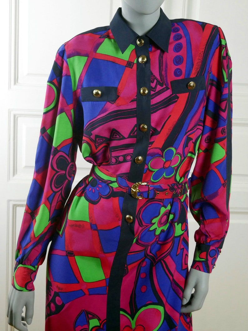 German Vintage Floral Geometric Cerise Pink Red Blue Purple Green Knee-Length Dress w Gold Buttons Size 10 US 90s Abstract Dress 14 UK