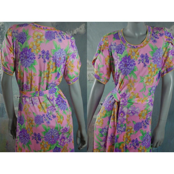 Early 80s Dress, Italian Vintage Pink Dress with Purple Yellow Green Floral Pattern and Matching Belt, Size Large, 12 to 14 US, 16 to 18 UK