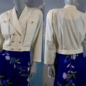 Double-Breasted Cropped Blazer, 90s European Vintage Cream Colored Jacket w Peak Lapels