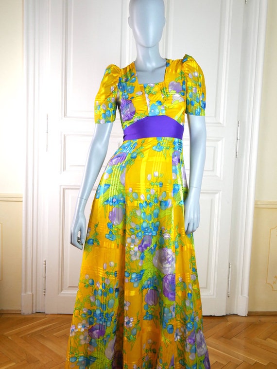 1970s Hungarian Vintage Maxi Dress, Yellow Turquo… - image 2