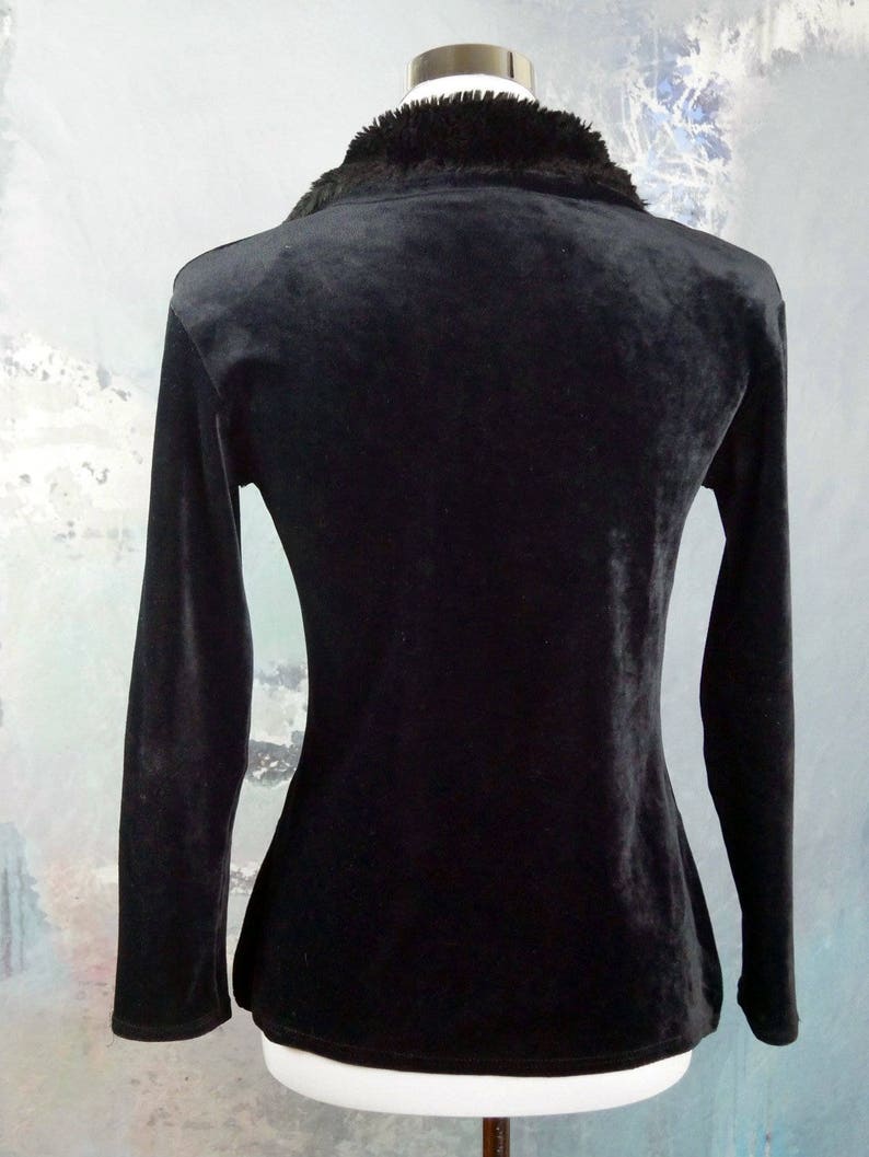 Black Long-Sleeve Shirt Blouse w Faux Fur Collar Size 4 US French Vintage Velour Top Size 8 UK