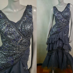 Prinzessin Diana Kleid, Blaues Ärmelloses Perlenkleid, formelles 90er Jahre Vintage Kenzel Abendkleid: Size 6 US, 12 UK