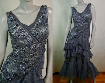 Princess Diana Dress, Blue Sleeveless Beaded Gown, Formal 90s Vintage Kenzel Evening Dress: Size 6 US, 12 UK