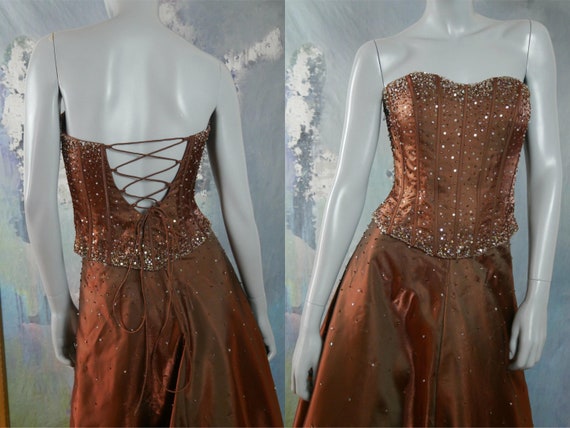 Glamorous Boshetta or Kimmiel beaded sparkly wedding/evening mermaid or  short dress in dark nude skin or bronze satin