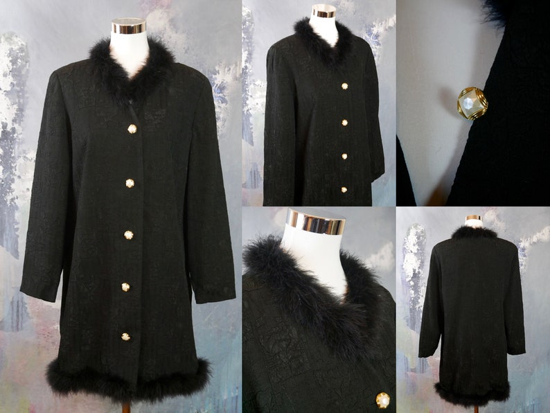 1822 UK Elegant Lightweight Evening Overcoat 1980s Black Opera Coat with Marabou Feather Trim Size 1416 US