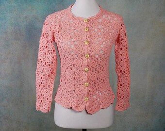 Pink Cardigan, European Vintage Crochet Button Down Cotton Sweater, Size Small, 4 US, 8 UK