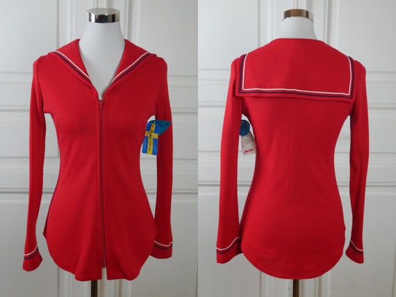 Red Sailor Top, 70s Swedish Vintage Long-Sleeve Z… - image 1