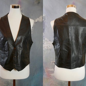 Black Leather Vest, 1990 Europese Vintage Pointed-Front Vest: Maat 10 US, Maat 14 UK