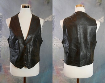 Black Leather Vest, 1990s European Vintage Pointed-Front Waistcoat: Size 10 US, Size 14 UK