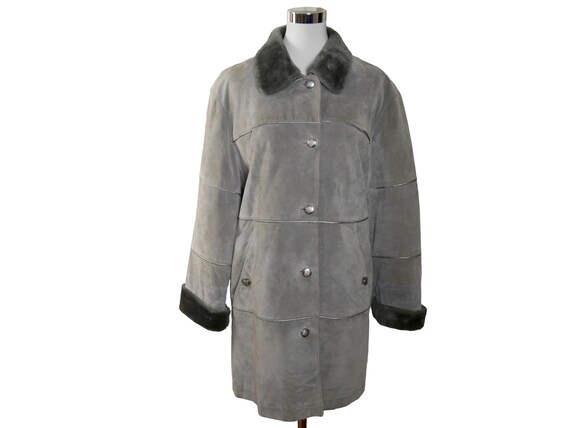 Size 16 US Silver Gray Suede Leather Coat, 90s European Vintage 