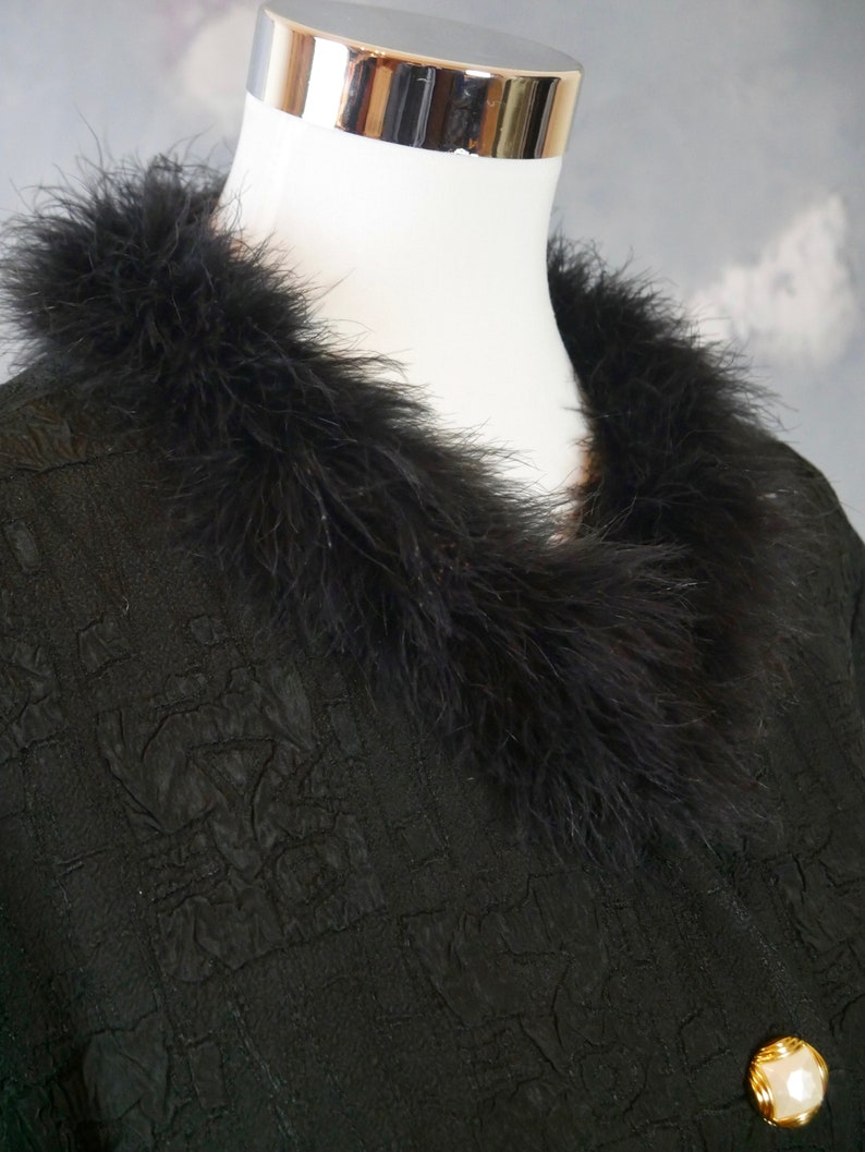 1980s Black Opera Coat with Marabou Feather Trim Elegant Lightweight Evening Overcoat 1822 UK Size 1416 US