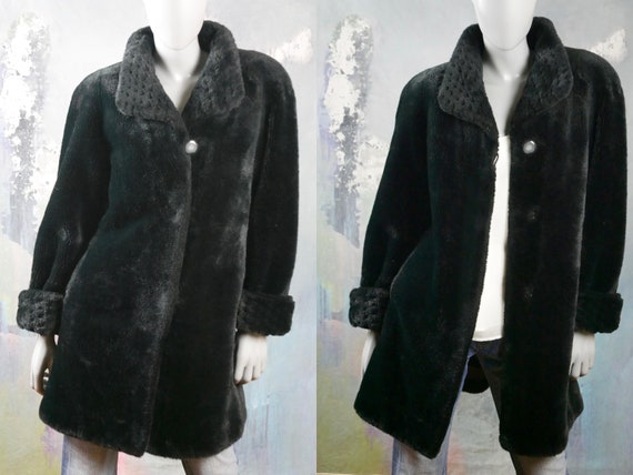 Black Faux Fur Coat, 1980s Swedish Vintage Fake F… - image 1