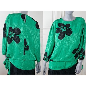 1980s Black & Green Dress, British Vintage Princess Diana Style Power Midi, Size 12 US, 16 UK