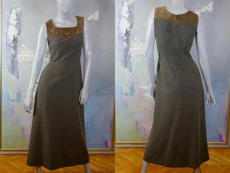 12 UK 1990s Austrian Vintage Trachten Dress Size 8 US Sleeveless Gray Midi Dress with Brown Faux Suede Yoke with Floral Stitching