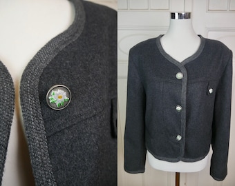 Dark Gray Cropped Jacket, 90s Vintage Soft Wool Jacket with Edelweiss Buttons