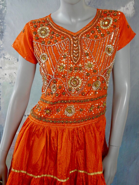 Orange Silk Dress w Jewel Sequin & Beaded Front, … - image 3