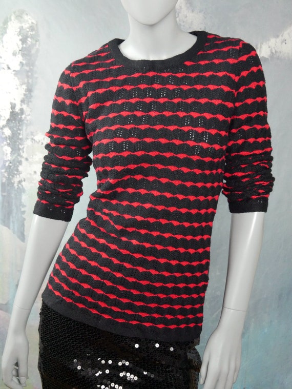 1970s Jantzen Knit Sweater, Red Black Horizontal … - image 5