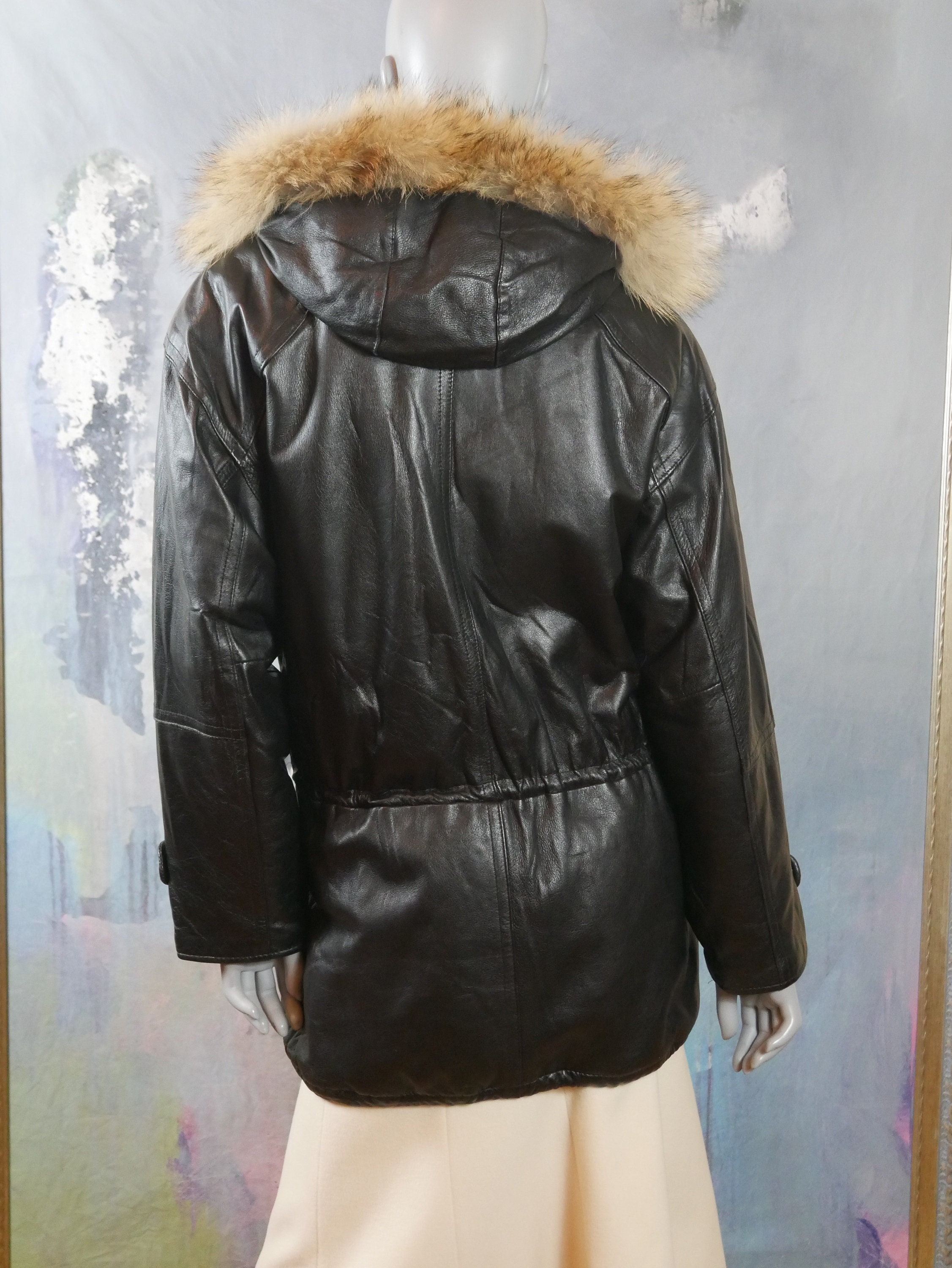 Black Leather Parka Jacket W Fox Fur Trimmed Hood European - Etsy