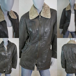 90s Vintage Brown Leather Jacket with Detachable Faux Shearling Sherpa Collar, Aviator Flight Coat, Size Medium, 8 to 10 USA, 12 to 14 UK