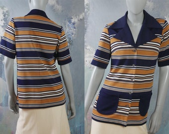 1970s Striped Top, Retro European Vintage Crimplene Polyester Navy Blue Tan & White Wide Lapel Short-Sleeve Blouse: Size 10 US, 14 UK