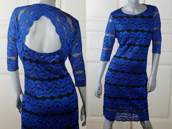 Cobalt Blue Lace Dress, European Vintage Knee-length Cocktail Dress With  Fan-shaped Cutout Back: Size 12 US, 16 UK - Etsy