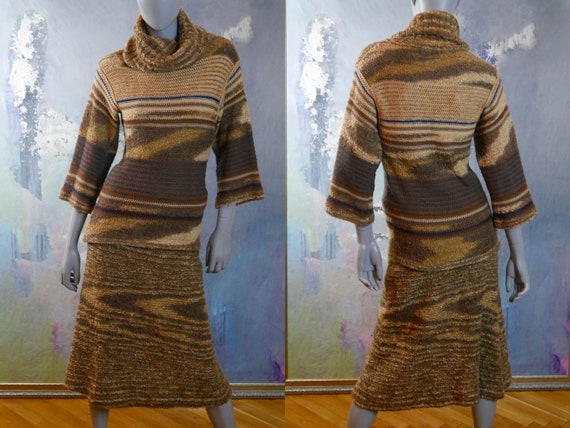 70s Dress Set, Tan & Brown Bouclé Swedish Knit Co… - image 1