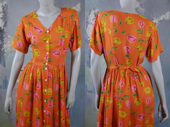 Orange Summer Dress, 1990s Short-Sleeve Long Boho