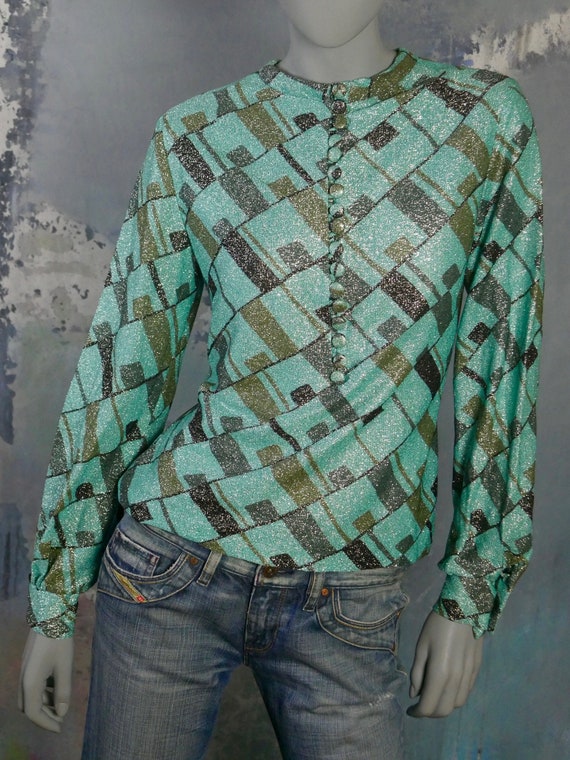 1960s Glitter Top, European Vintage Turquoise Gol… - image 3