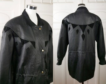 80s Vintage Black Leather Coat with Suede Southwestern Geometric Panels, Size XL, 16/18 US