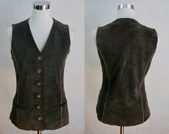 90s Vintage Suede Vest, Dark Brown Trachten Style Genuine Leather Waistcoat with Faux Antler Buttons