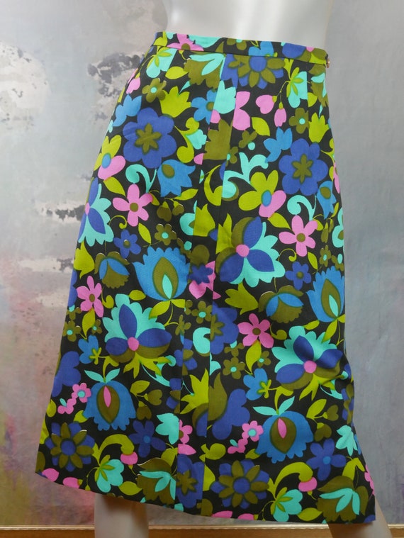 1970s Floral Skirt, Blue Pink Chartreuse Olive Tu… - image 2