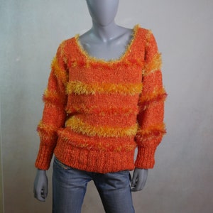 1990s Fuzzy Sweater, Orange and Yellow Soft Knit Cotton Acrylic Blend Pullover Jumper: Size Extra Large