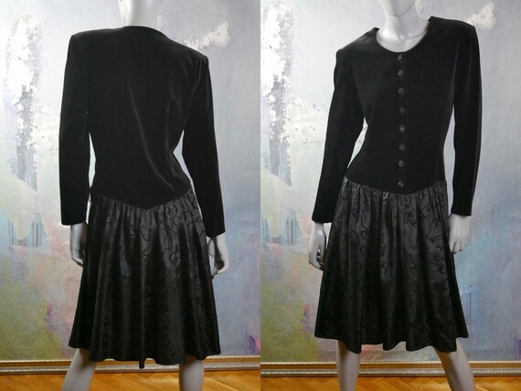Black Velvet & Satin Dress, 1980s European Vintage