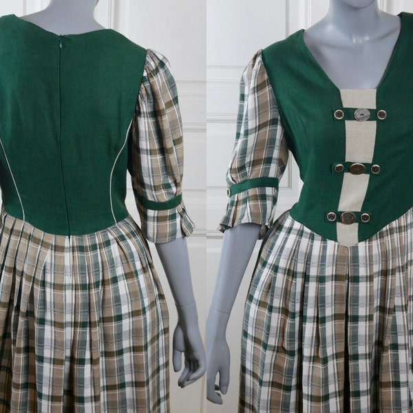 Prairie Dress, European Vintage Trachten Rustic Country Green & Beige Linen Blend Midi Dress: Size 10 US, 14 UK