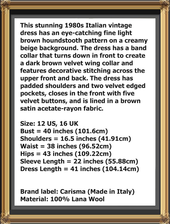 80s Vintage Dress, Italian Light Brown Houndstoot… - image 10