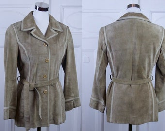 Swedish Vintage Suede Jacket, Golden 1980s Beige Sandy Tan Belted Jacket: Size 4/6 US, 8/10 UK