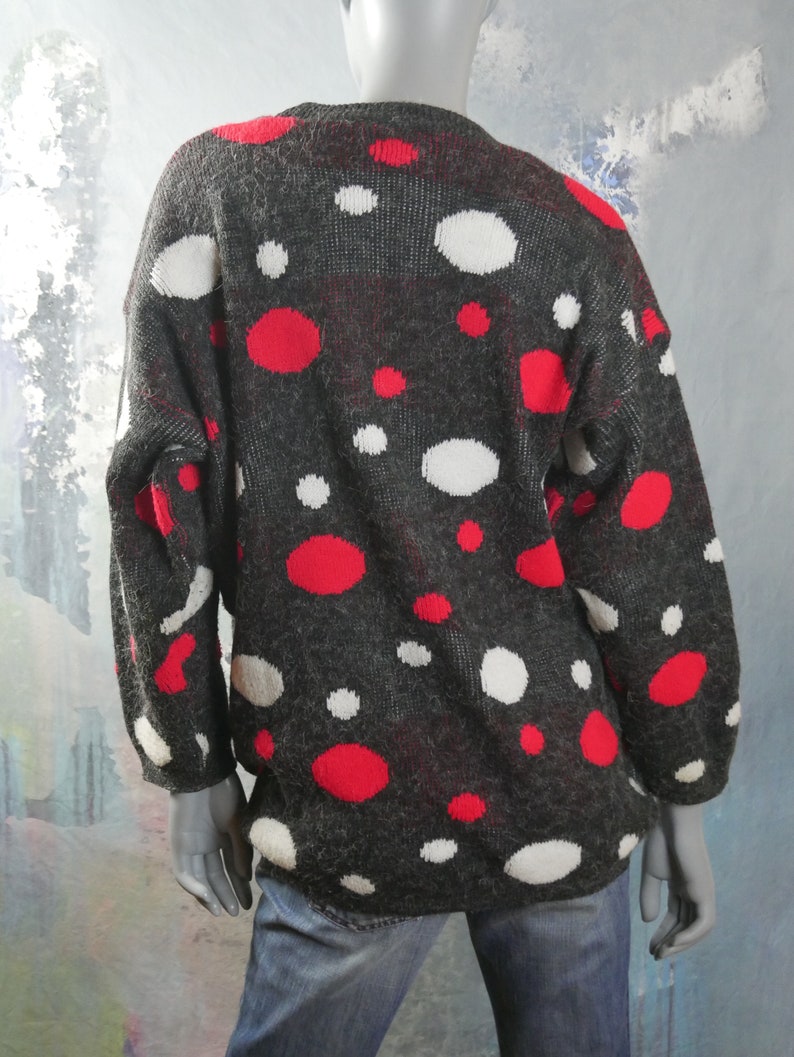18 UK Polka Dot Sweater Size 14 US 1980s British Vintage Charcoal Gray Red and White Soft Warm Winter Pullover Jumper