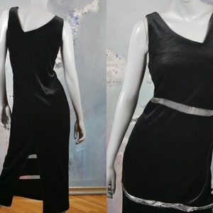 Black Velvet Sleeveless Evening Dress w Asymmetrical Neckline and Silver Sheer Mesh Cutout Stripes, European Vintage: Size 8 US, 12 UK