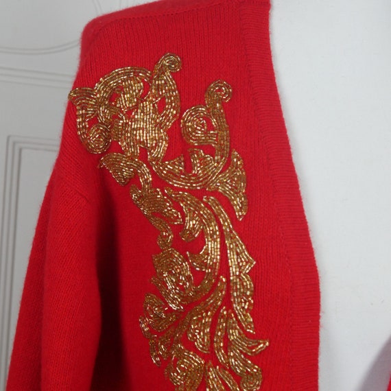 Gold Beaded Red Knit Cardigan, 1990s Italian Vint… - image 4