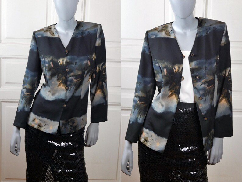 Made in Finland: Size 14 US 18 UK Gray European Vintage Black Blazer with a Strikingly Elegant Abstract Pattern in Blue Beige /& Bronze
