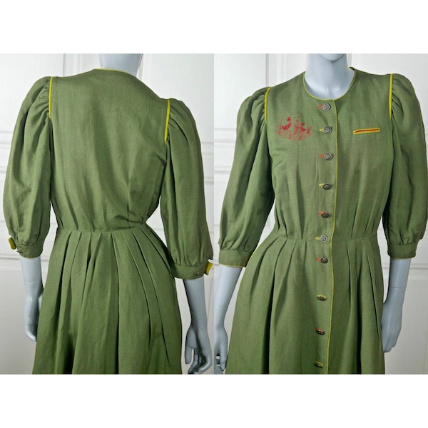 Vintage Green Prairie Dress, 90s Austrian Linen Blend Embroidered Midi Length Regencycore