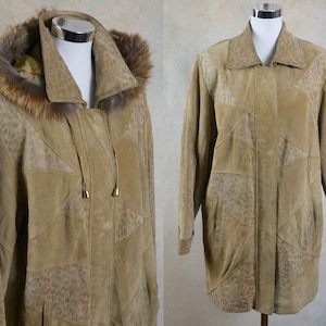 Vintage Tan Leather Jacket, 80s Camel Beige Winter Coat with Detachable Fur Lined Hood, Size Large, 12 / 14 US, 16 /18 UK