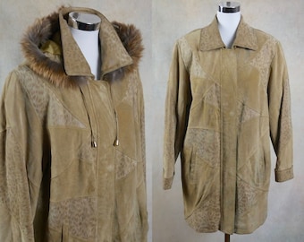 Vintage Tan Leather Jacket, 80s Camel Beige Winter Coat with Detachable Fur Lined Hood, Size Large, 12 / 14 US, 16 /18 UK